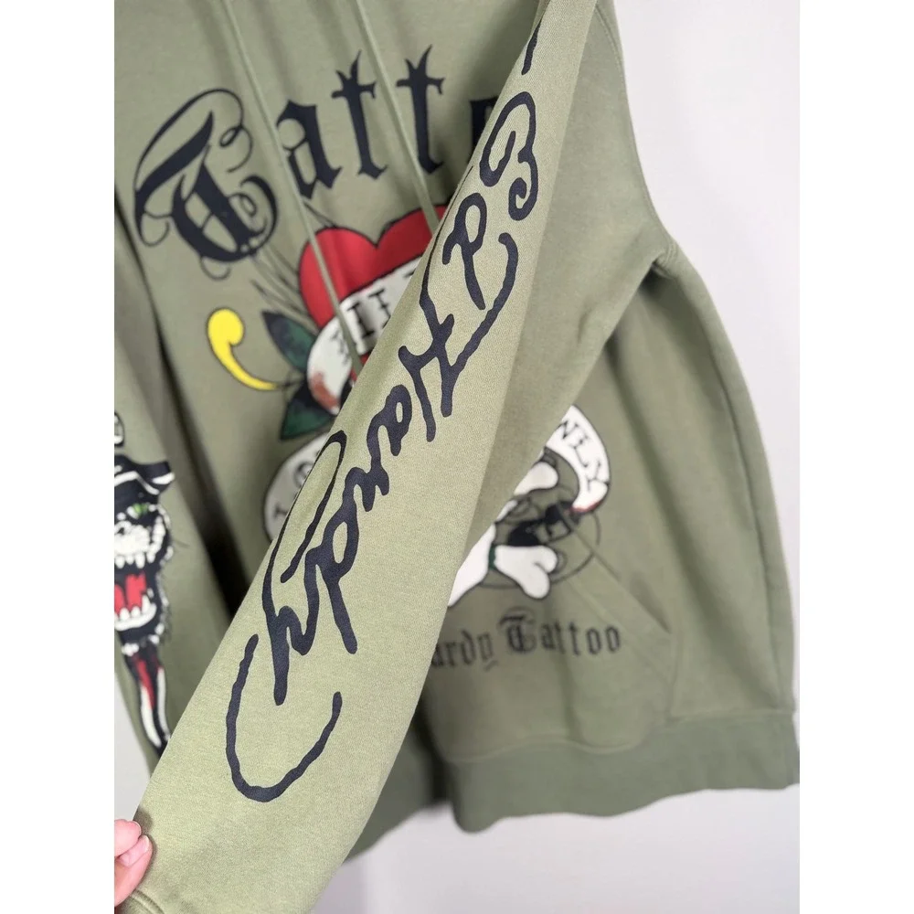 Ed‎ Hardy Mens Love Kills Slowly Tattoo Hoodie Olive Green Skull Graphic L Retro